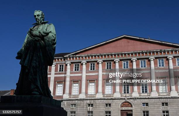 This picture taken on April 23, 2021 partially shows the courthouse in the French Alps city of Chambery where the trial of Nordahl Lelandais for the...