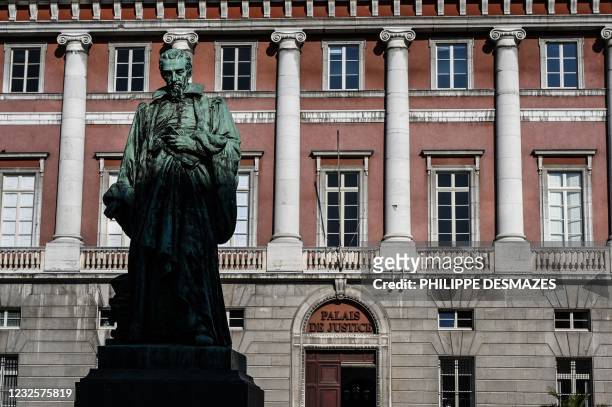 This picture taken on April 23, 2021 partially shows the courthouse in the French Alps city of Chambery where the trial of Nordahl Lelandais for the...