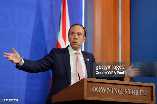 Britain's Health Secretary, Matt Hancock gestures during a virtual press conference inside the new Downing Street Briefing Room in London on April...
