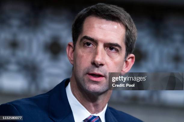 Sen. Tom Cotton, R-Ark., asks a question during the Senate Judiciary Committee confirmation hearing in Dirksen Senate Office Building on April 28,...