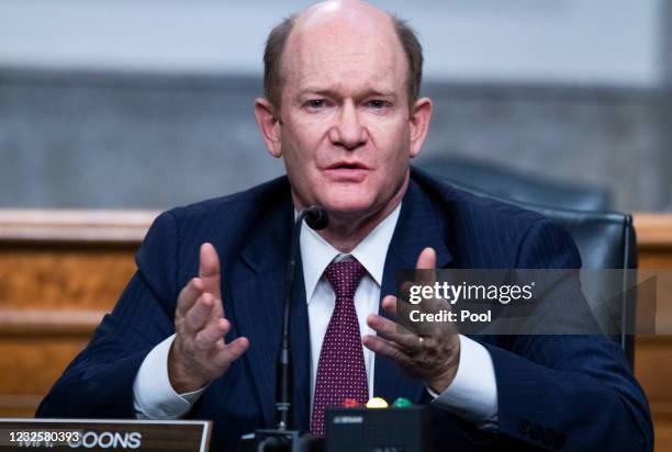 Sen. Chris Coons, D-Del., asks a question during the Senate Judiciary Committee confirmation hearing in Dirksen Senate Office Building on April 28,...