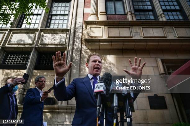 Andrew Giuliani, son of Donald Trump's former personal lawyer Rudy Giuliani, speaks to the press outside his father's apartment building in New York...