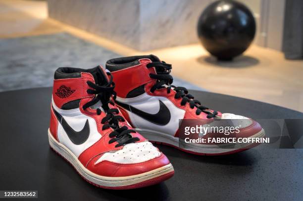 Pair of basketball legend Michael Jordan's famous Air Jordans from his rookie season are seen on April 28, 2021 in Geneva during a preview of sale by...