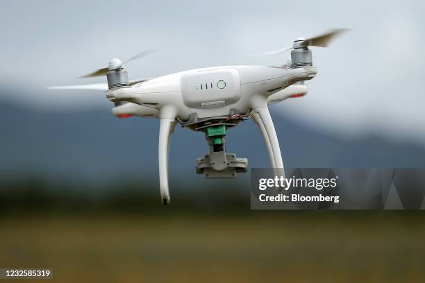 Drone fitted with a multi-spectral camera records the crop health and plant growth of blue agave plants at a plantation, operated by Prospect...