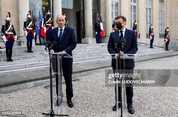 French President Emmanuel Macron and Slovenia's Prime Minister Janez Jansa address the press in the courtyard of the Elysee presidential palace...