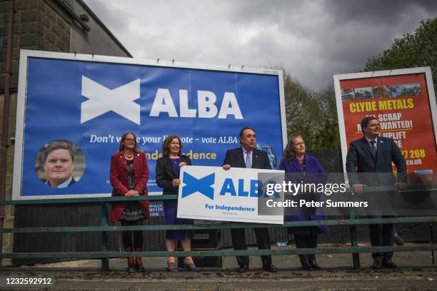 Alex Salmond, leader of the Alba party, and other candidates are seen campaigning on April 29, 2021 in Greenock, Scotland. Scotland heads to the...