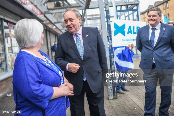 Alex Salmond, leader of the Alba party, is seen campaigning on April 29, 2021 in Greenock, Scotland. Scotland heads to the polls next week in the...