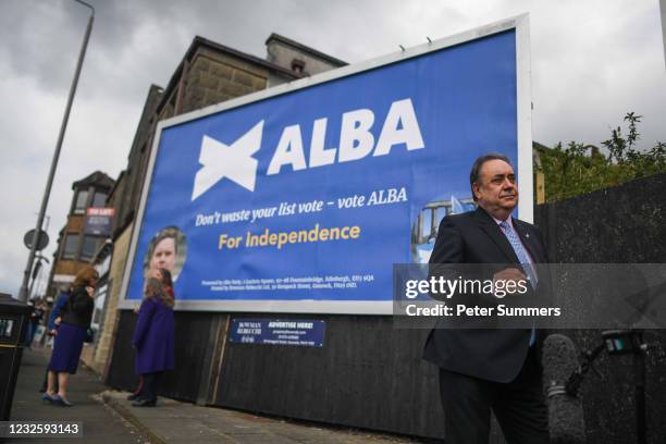 Alex Salmond, leader of the Alba party, is seen campaigning on April 29, 2021 in Greenock, Scotland. Scotland heads to the polls next week in the...