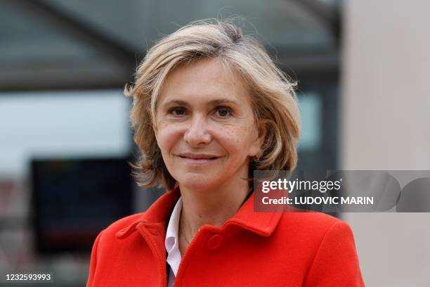 Ile-de-France region's president Valerie Pecresse poses in front of Juvisy's train station during her first campaign trip to Essonne, in...
