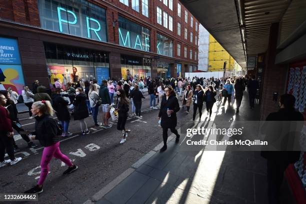 Thousands of shoppers wait for Primark to open for the first time since the latest lockdown on April 30, 2021 in Belfast, Northern Ireland. Non...