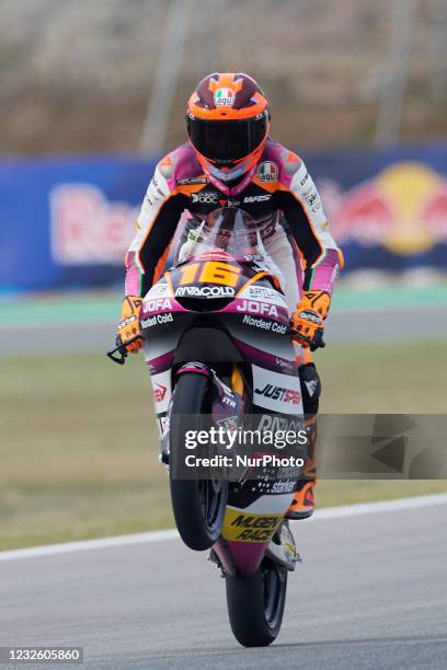 Andrea Migno of Italy and Rivacold Snipers Team Honda making a wheelie during the free practice of Gran Premio Red Bull de España at Circuito de...