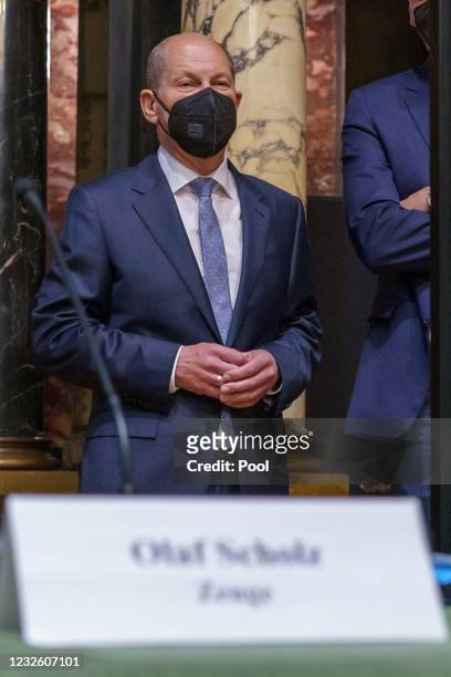 German Finance Minster and chancellor candidate of the German Social Democrats Olaf Scholz arrives to testify at the Hamburg state parliamentary...