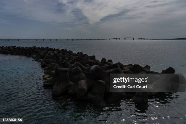 Concrete tetrapods lie in the sea near Irabu Bridge, on April 30, 2021 in Miyakojima, Japan. Normally one of Japan's most popular tourist...