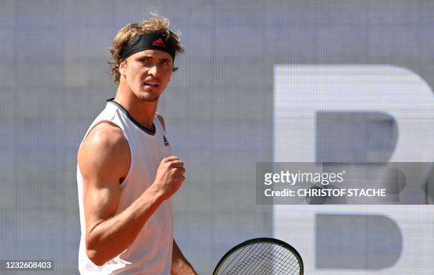 Germany's Alexander Zverev reacts during his quarter-final match against Belarus' Ilya Ivashka at the ATP Tennis BMW Open in Munich, southern...