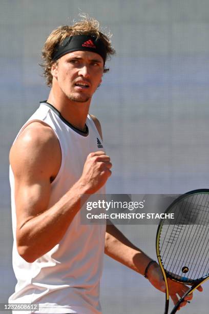 Germany's Alexander Zverev reacts during his quarter-final match against Belarus' Ilya Ivashka at the ATP Tennis BMW Open in Munich, southern...