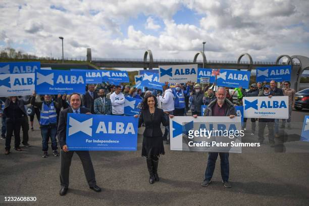 Alex Salmond, leader of the Alba Party, and Tasmina Ahmed-Sheikh are seen during a campaign event at The Falkirk Wheel on April 30, 2021 in Falkirk,...