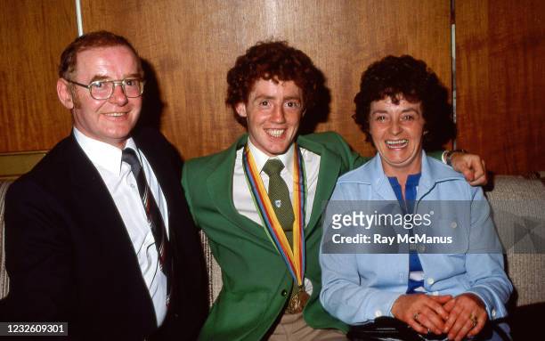 Dublin , Ireland - 4 August 1980; Olympic Flyweight bronze medallist Hugh Russell is greeted by his mum Eileen and dad Hugh at the Irish Olympic team...