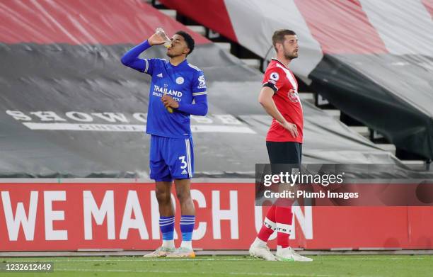 Wesley Fofana of Leicester City breaks his fast for Ramadan during a break in play of the Premier League match between Southampton and Leicester City...