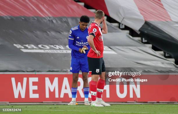 Wesley Fofana of Leicester City breaks his fast for Ramadan during a break in play of the Premier League match between Southampton and Leicester City...