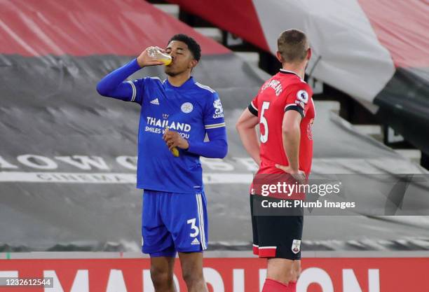 Wesley Fofana of Leicester City breaks his fast for Ramadan during a break in play of the Premier League match between Southampton and Leicester City...