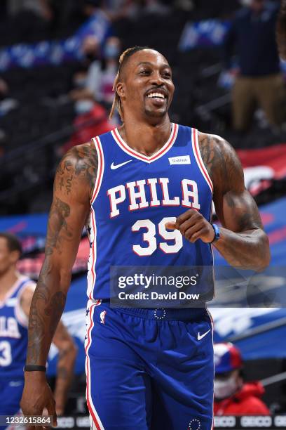 Dwight Howard of the Philadelphia 76ers smiles during a game against the Atlanta Hawks on April 30, 2021 at Wells Fargo Center in Philadelphia,...