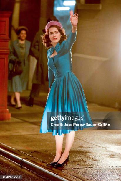 Rachel Brosnahan is seen at the film set of 'The Marvelous Mrs. Maisel' TV Series on April 30, 2021 in New York City.
