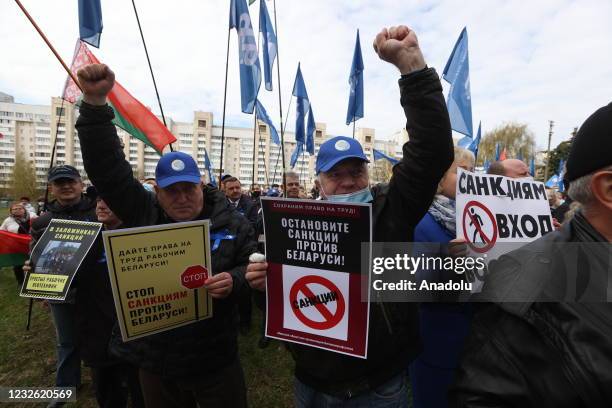 Representatives of Federation of Trade Unions of Belarus gather to stage a protest against discriminatory measures taken by the American authorities...