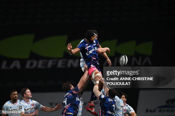 Stade Francais' French lock Pierre-Henri Azagoh jumps for the ball in a line out during the French Top14 rugby union match between Racing 92 and...