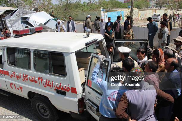 Ambullances carry the bodies after a truck bomb attack in the capital Logar Province, Afghanistan on May 1, 2021. A truck bomb exploded in Pul-e-Alam...