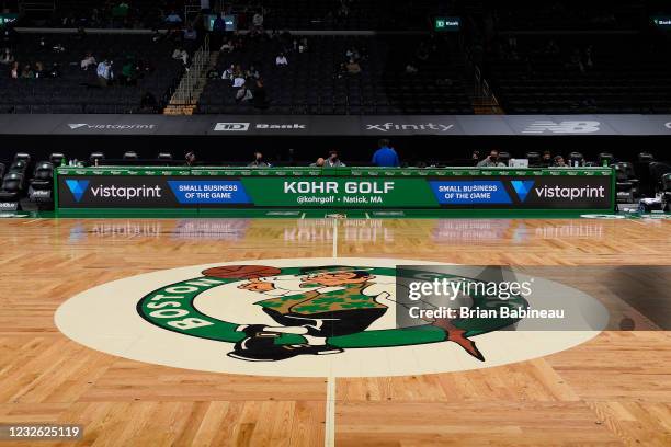 The Boston Celtics logo pictured at center court on April 30 at the TD Garden in Boston, Massachusetts. NOTE TO USER: User expressly acknowledges and...