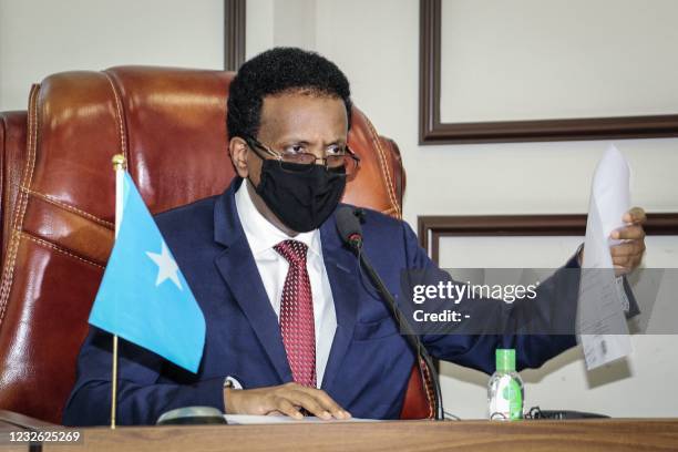 Somalia's President Mohamed Abdullahi Mohamed, commonly known by his nickname of Farmajo, attends the special assembly for abandoning the two-year...
