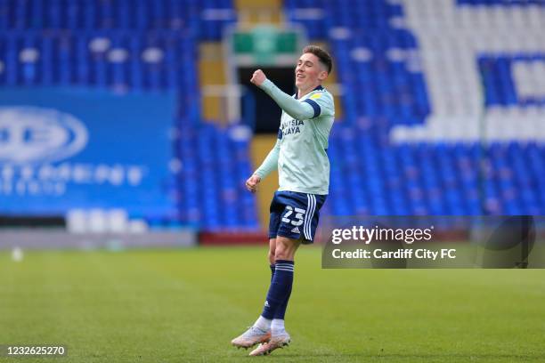 Harry Wilson celebrates scoring the second goal for Cardiff City FC during the Sky Bet Championship match between Birmingham City and Cardiff City at...