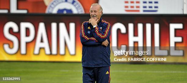 Spain's coach Vicente del Bosque looks on during a training session at AFG Arena in St Gallen on September 1 on the eve of a friendly football match...