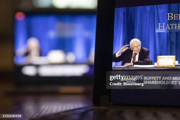 Warren Buffett, chairman and chief executive officer of Berkshire Hathaway Inc., speaks during the virtual Berkshire Hathaway annual shareholders...