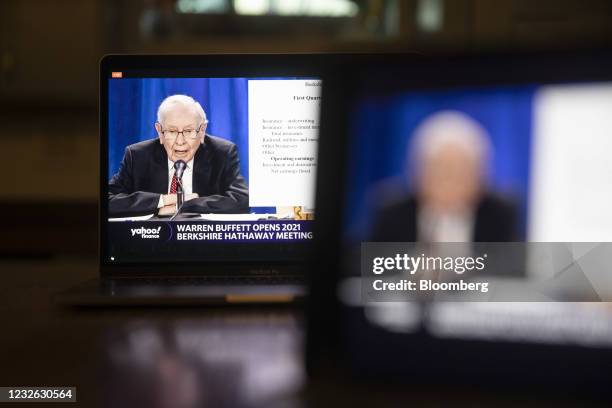 Warren Buffett, chairman and chief executive officer of Berkshire Hathaway Inc., speaks during the virtual Berkshire Hathaway annual shareholders...