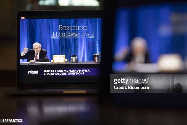 Warren Buffett, chairman and chief executive officer of Berkshire Hathaway Inc., speaks during the virtual Berkshire Hathaway annual shareholders...