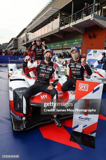 Race winners, the Toyota Gazoo Racing of Sebastien Buemi, Kazuki Nakajima, and Brendon Hartley celebratein parc ferme at the opening round of the...