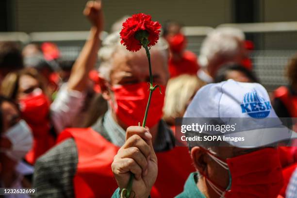 Demonstrator holds a carnation during the May Day celebration. The police, who wanted to prevent a demonstration on May 1, which was accepted as the...