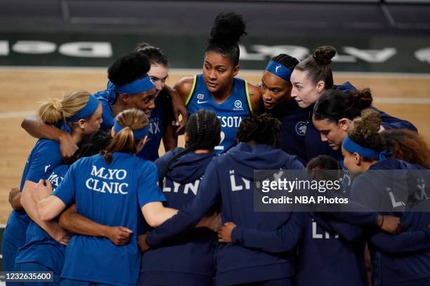 The Minnesota Lynx huddle before the game against the Atlanta Dream on May 1, 2021 at The Gateway Center Arena in College Park, Georgia. NOTE TO...