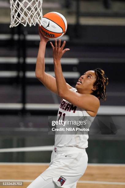 Tianna Hawkins of the Atlanta Dream drives to the basket against the Minnesota Lynx on May 1, 2021 at The Gateway Center Arena in College Park,...