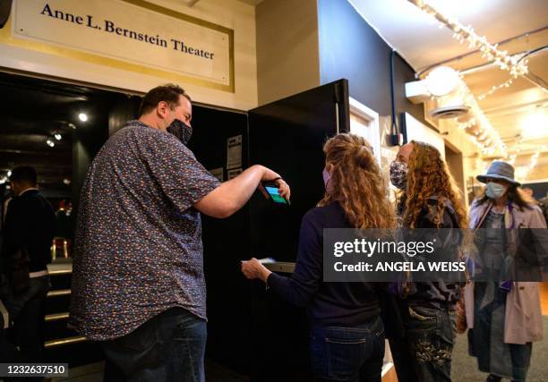 An employee scans tickets at the longest running play 'Perfect Crime' Off-Broadway at The Anne Bernstein Theater in The Theater Center on April 27,...