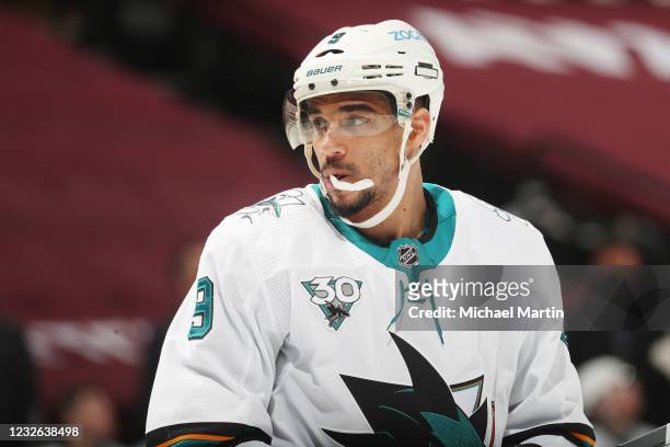 Evander Kane of the San Jose Sharks looks on against the Colorado Avalanche at Ball Arena on May 1, 2021 in Denver, Colorado.