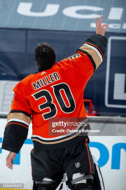 Goaltender Ryan Miller of the Anaheim Ducks waves as he leaves the ice after his final career home game, a 6-2 win over the Los Angeles Kings, at...