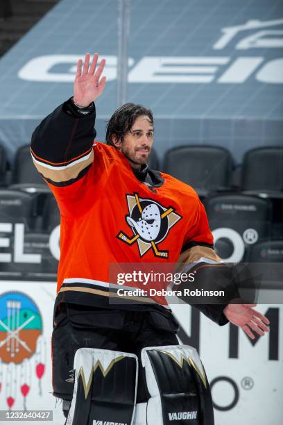 Goaltender Ryan Miller of the Anaheim Ducks waves as he leaves the ice after his final career home game, a 6-2 win over the Los Angeles Kings, at...