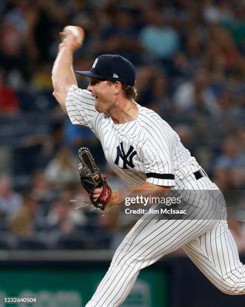 Chance Adams of the New York Yankees in action against the Boston Red Sox at Yankee Stadium on August 03, 2019 in New York City. The Yankees defeated...