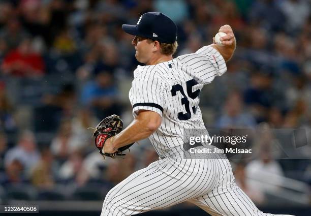 Chance Adams of the New York Yankees in action against the Boston Red Sox at Yankee Stadium on August 03, 2019 in New York City. The Yankees defeated...