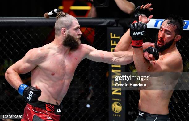 In this UFC handout, Jiri Prochazka of the Czech Republic punches Dominick Reyes in a light heavyweight bout during the UFC Fight Night event at UFC...