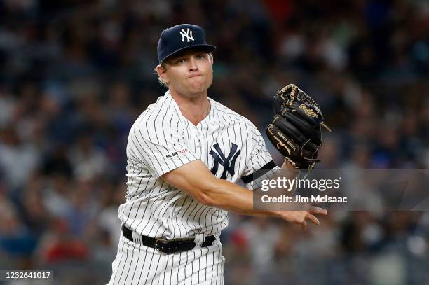 Chance Adams of the New York Yankees in action against the Boston Red Sox at Yankee Stadium on August 03, 2019 in New York City. The Yankees defeated...