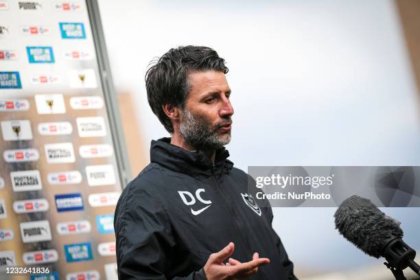 Danny Cowley manager of Portsmouth post match interview during the Sky Bet League 1 match between AFC Wimbledon and Portsmouth at the Kingsmeadow...