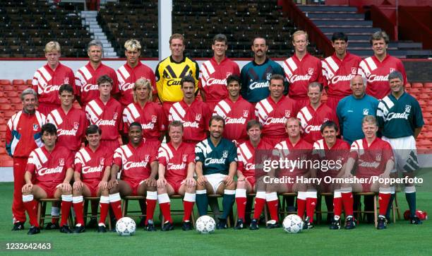 Liverpool line up for a team photograph at Anfield in Liverpool, England, circa July 1991. Back row : Steve Staunton, Glenn Hysen, Nick Tanner, Mike...